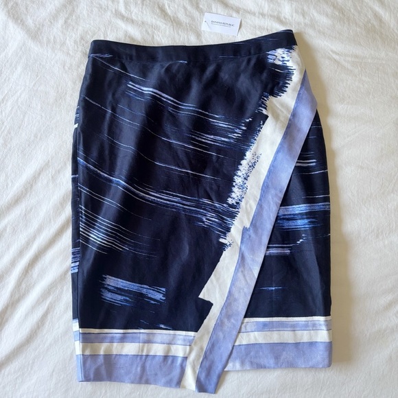 NWT Banana Republic Wrap Skirt Linen Blend Blue Brush Stroke Casual Midi Size 2 - Picture 1 of 6